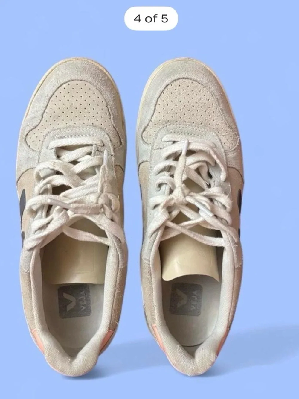 Veja Taupe Suede Sneakers with Blue V and Coral Heel